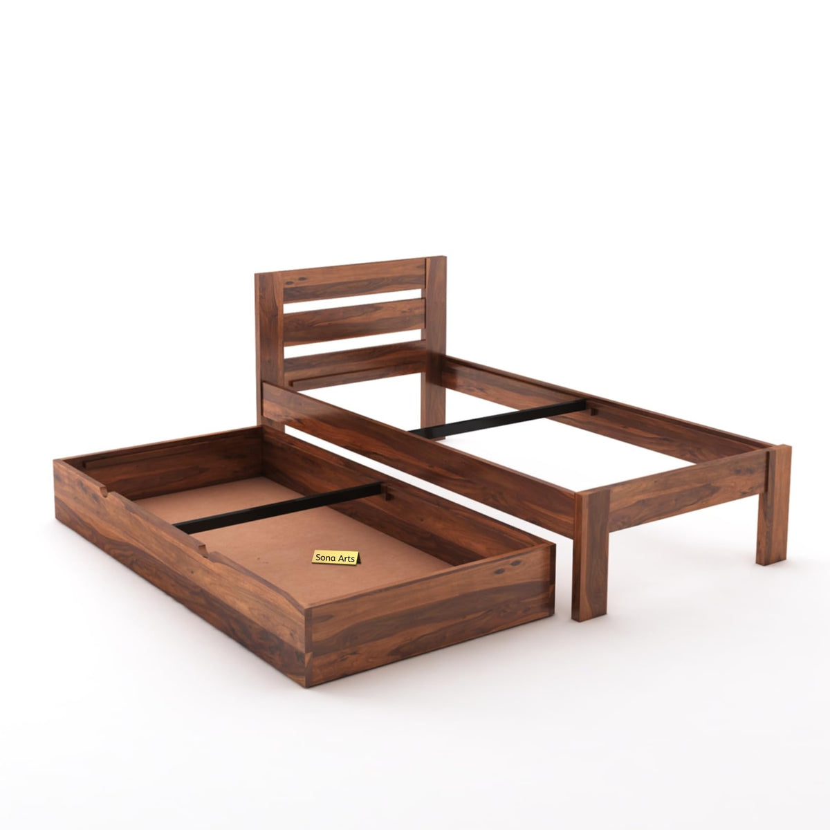Eros Solid Sheesham Wood Single Size Trundle Bed in natural finish - pull-out lower bed detail