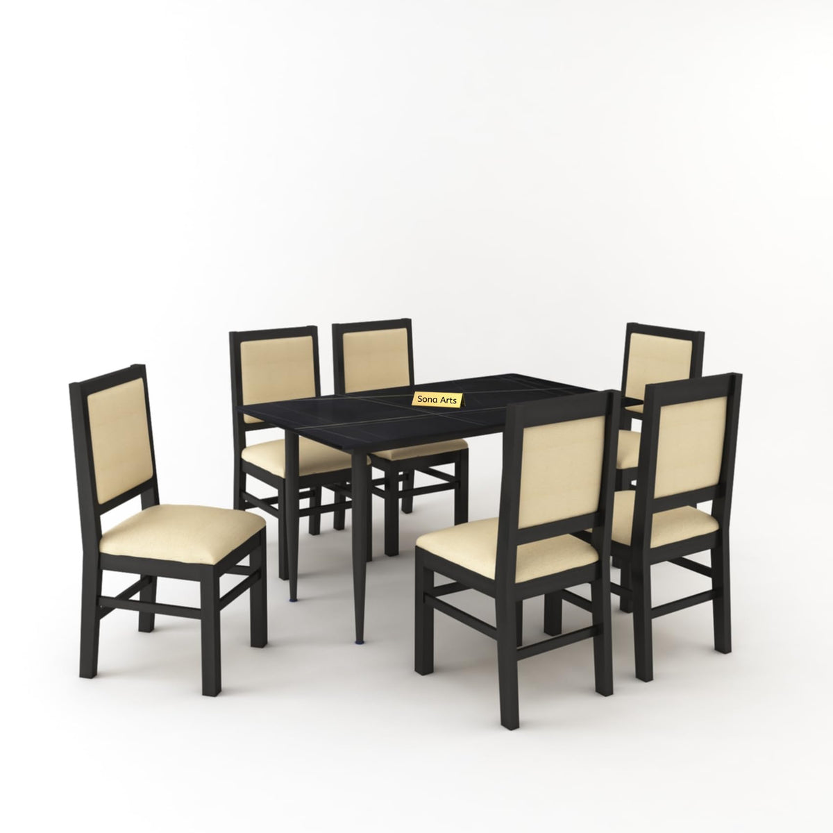 Marble Metal Black Solid Sheesham Wood 6 Seater Dining Table Set