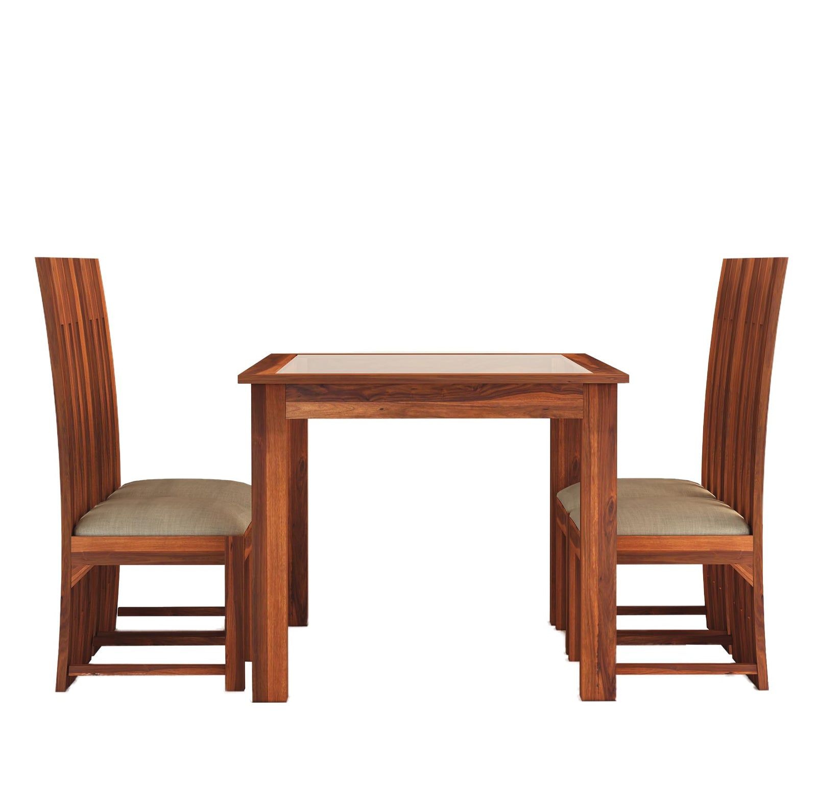 Poster Solid Sheesham Wood Dining Table 4 Seater Dining Table Set with 4 Cushion Chairs & Glass Top - Natural Finish