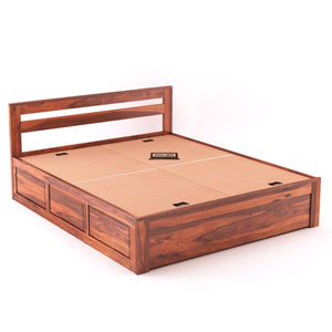 Eros Solid Sheesham Wood Queen Size Bed with Box Storage - Natural Finish