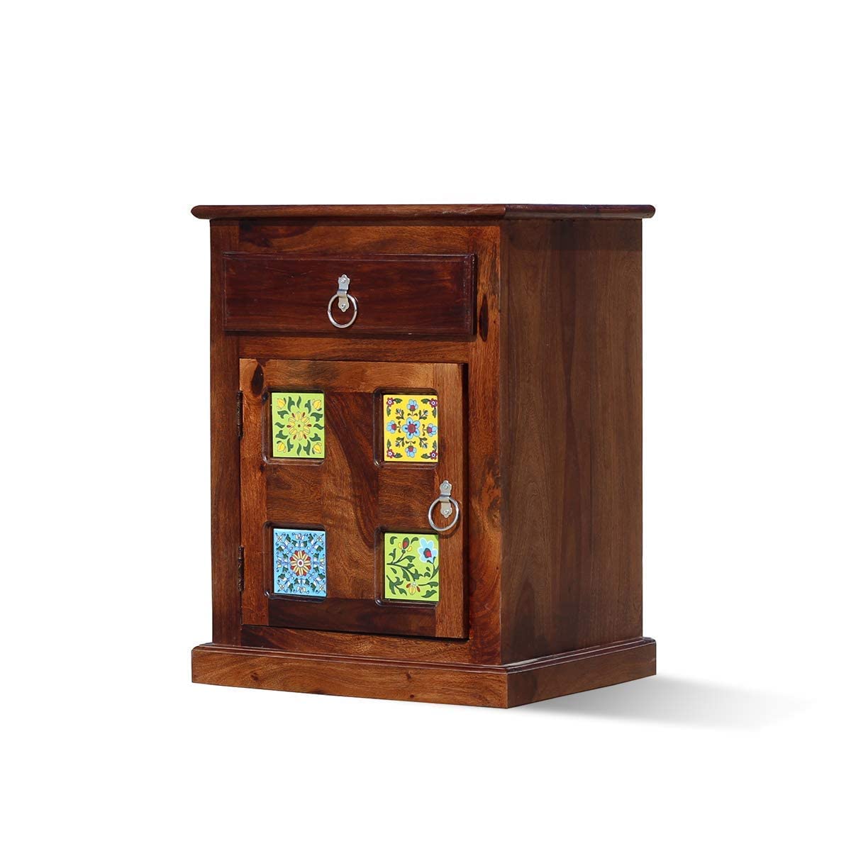Tile Solid Sheesham Wood Bedside Table - Natural Finish