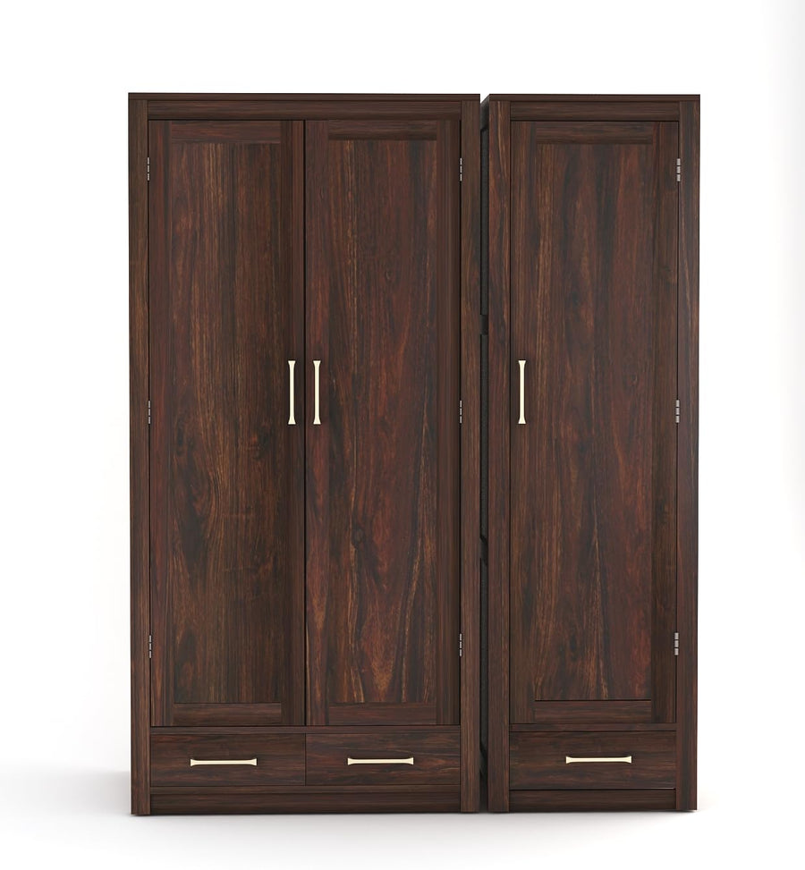 Sheesham Wood 3 Door Wardrobe with 3 Drawers Storage Finish - Walnut