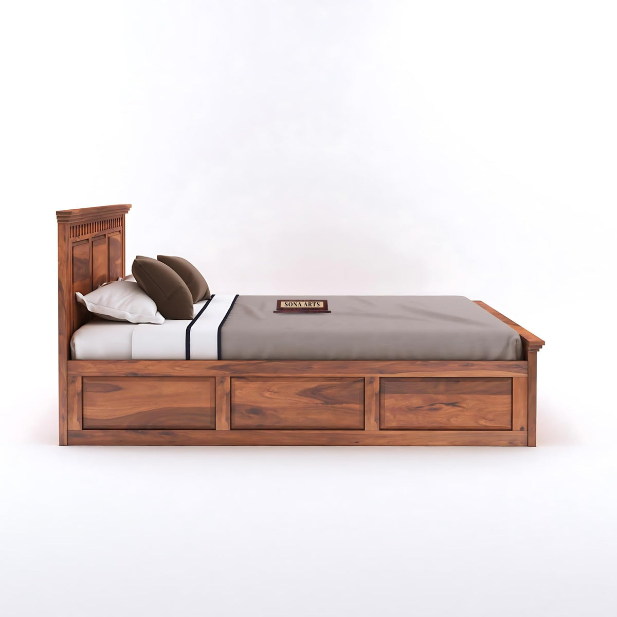 Kuber Solid Sheesham Wood King Size Bed with Box Storage & 2 Bedside Tables - Natural Finish
