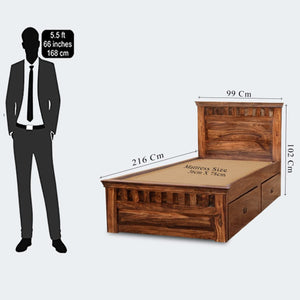 Kuber Sheesham Wood Single Bed Furniture with Two Drawer Storage for Bedroom - Natural Finish