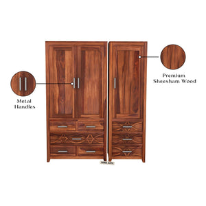 CNC Sheesham Wood 3 Door Wardrobe with 8 Drawers Storage - Natural Finish