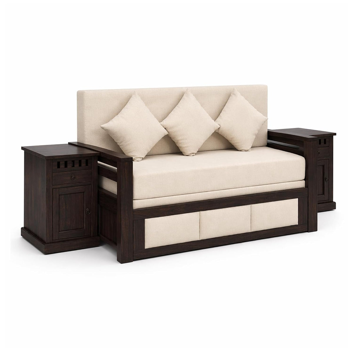 Zeus With Bedside Solid Sheesham Wood Sofa Cum Bed in walnut finish - styled in a living room