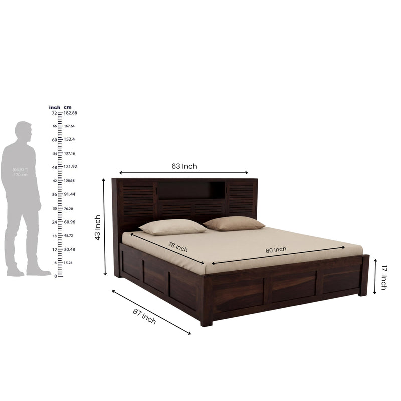 Urban Solid Sheesham Wood Queen Size Bed with Box Storage & 2 Bedside Tables - Walnut Finish