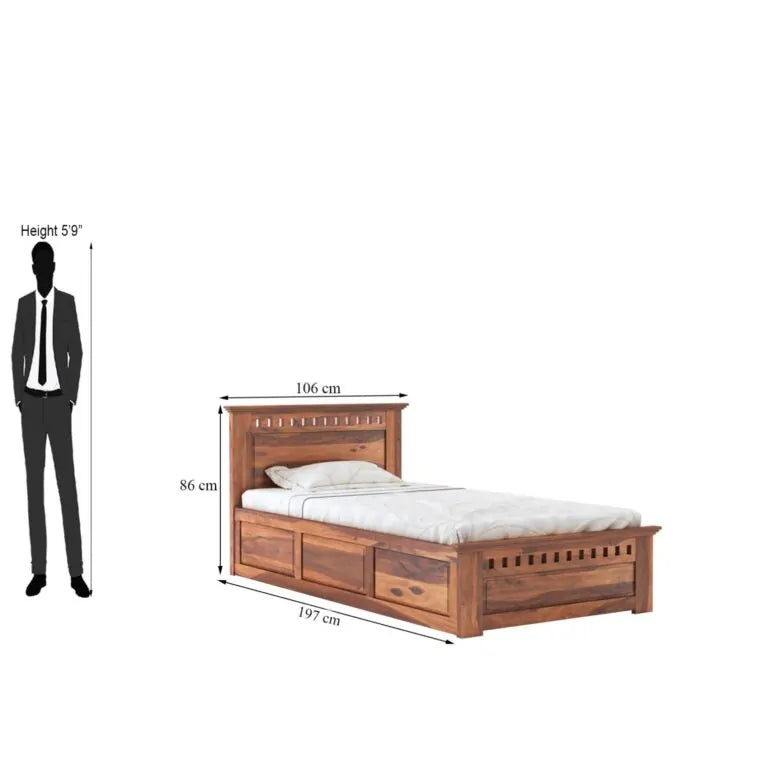 Kuber Sheesham Wood Single Bed With Box Storage Finish - Honey