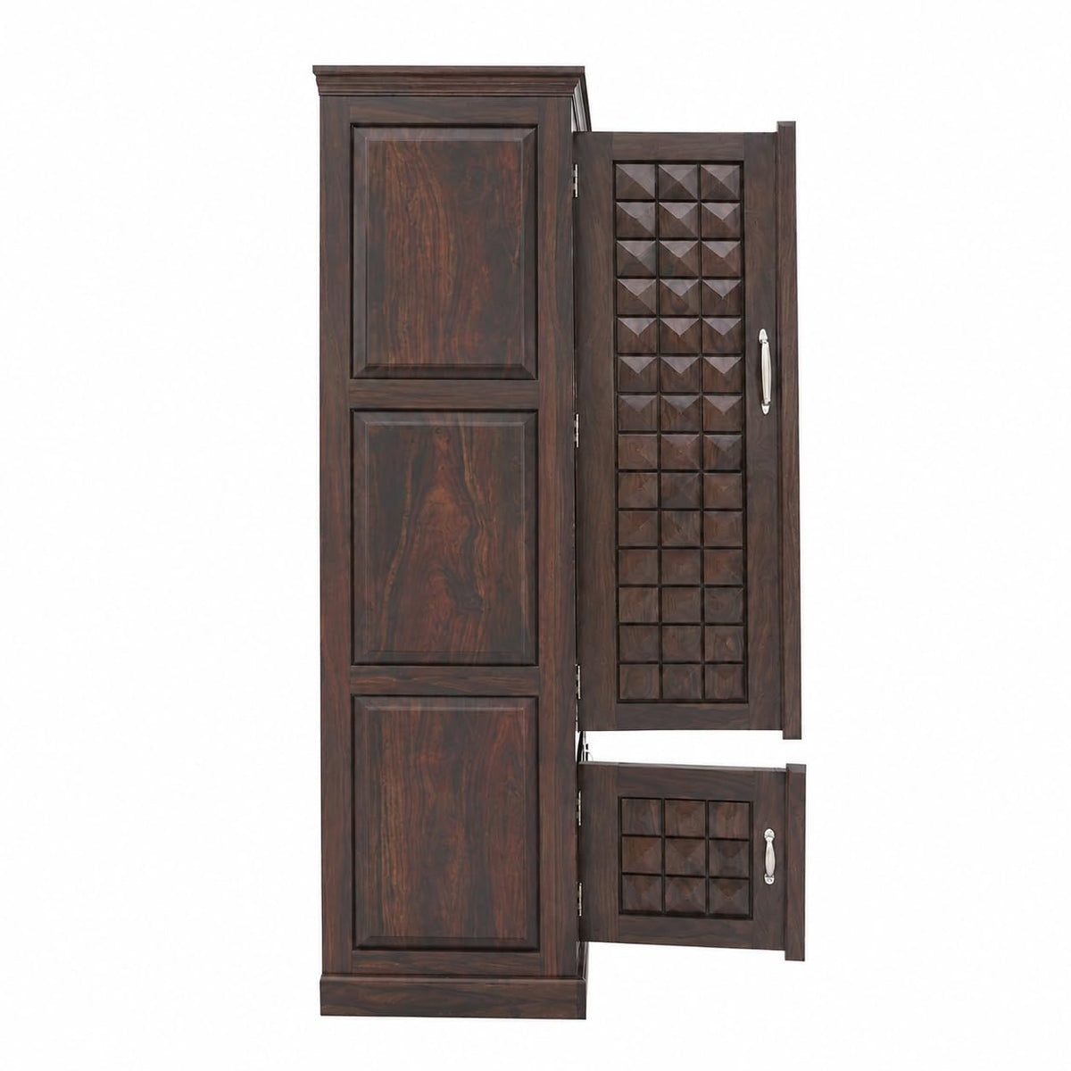 Diamond Solid Sheesham Wood 2 Door Wardrobe with Two Mini Door - Walnut Finish