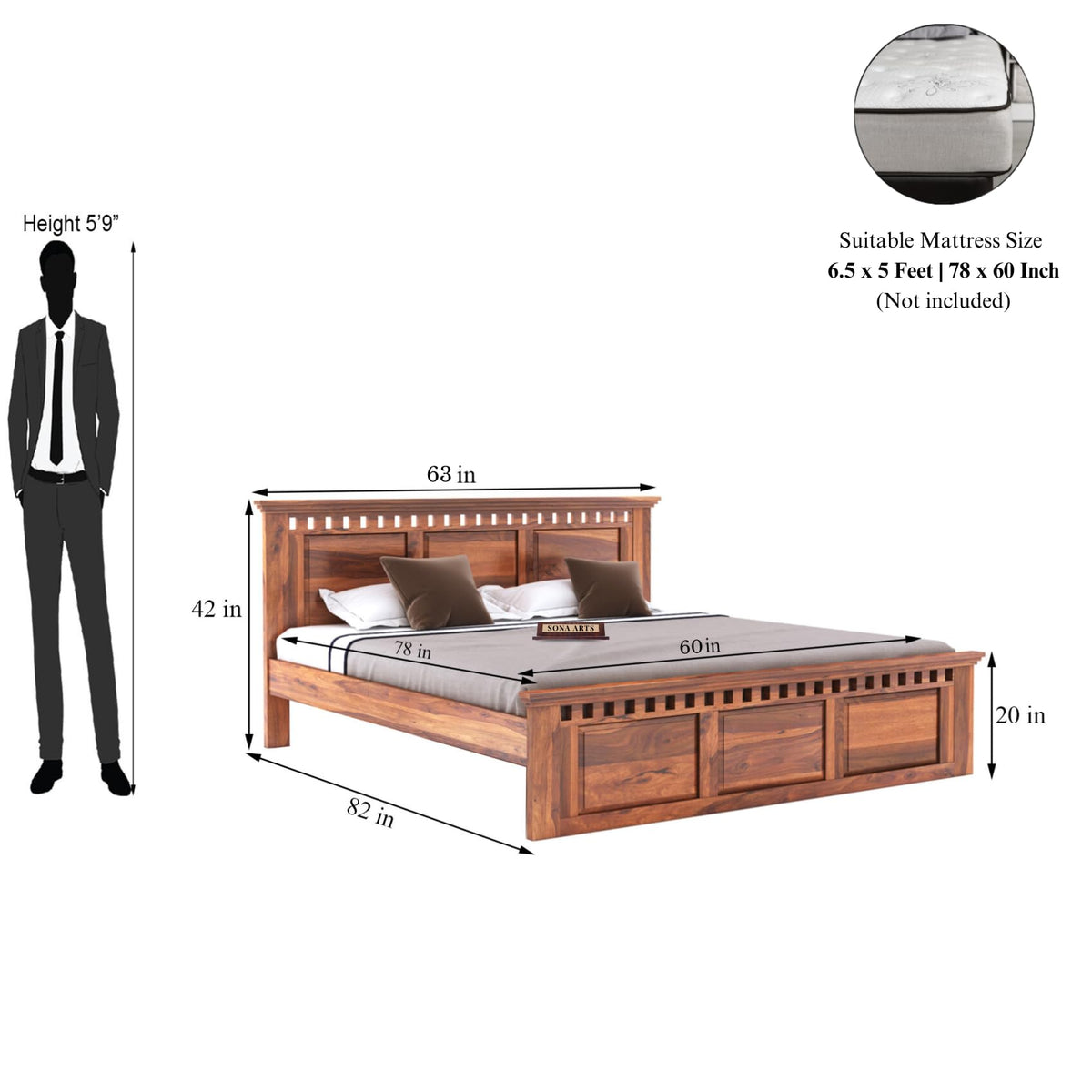 Kuber Solid Sheesham Wood Queen Size Bed without Storage & 2 Bedside Tables - Natural Finish