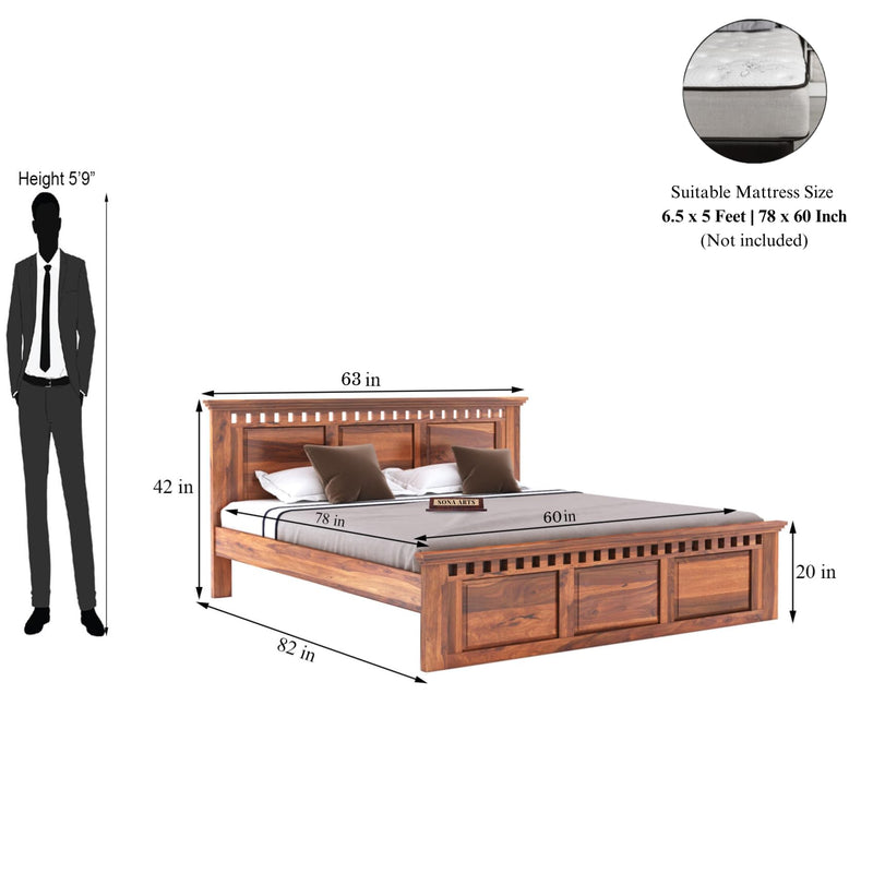 Kuber Solid Sheesham Wood Queen Size Bed without Storage & 2 Bedside Tables - Natural Finish