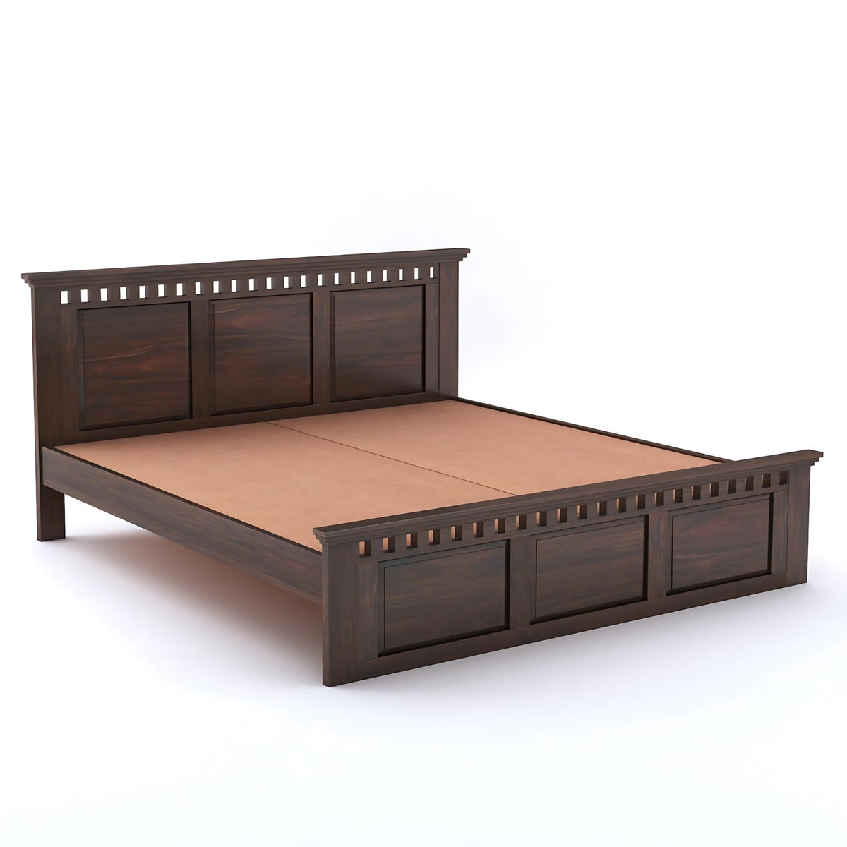 Kuber Solid Sheesham Wood Queen Size Bed without Storage & 2 Bedside Tables in walnut finish - styled in a bedroom