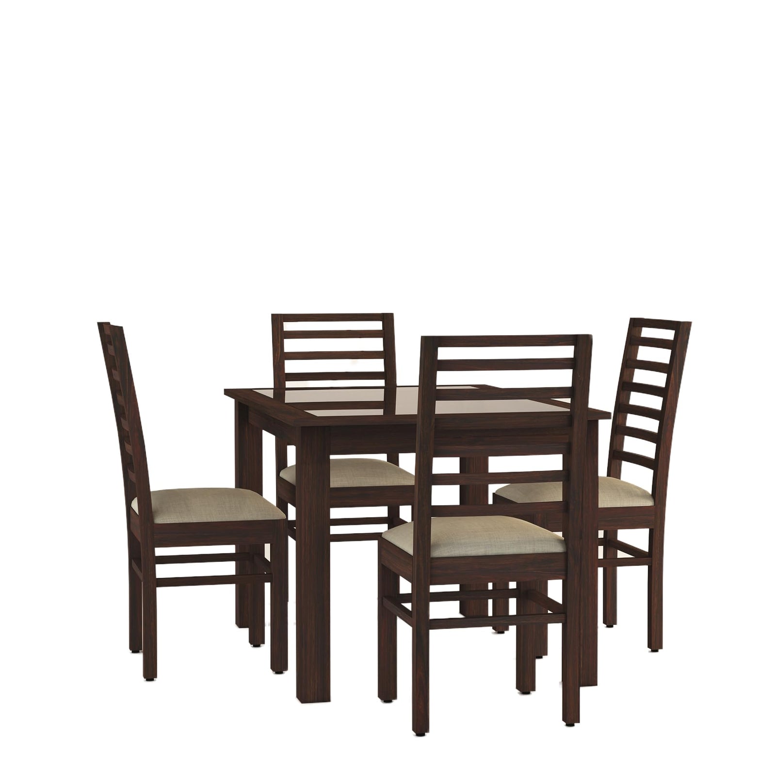 Luxe Solid Sheesham Wood Dining Table 4 Seater Dining Table Set with 4 Cushion Chairs & Glass Top - Walnut Finish