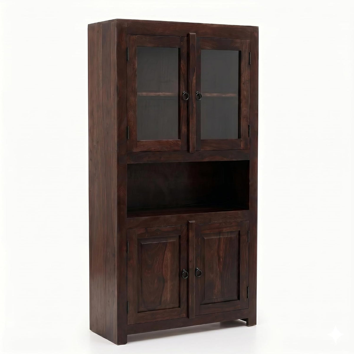 4 Door Sheesham Wood Bookshelf & Crockery Cabinet in walnut finish - display shelf close-up