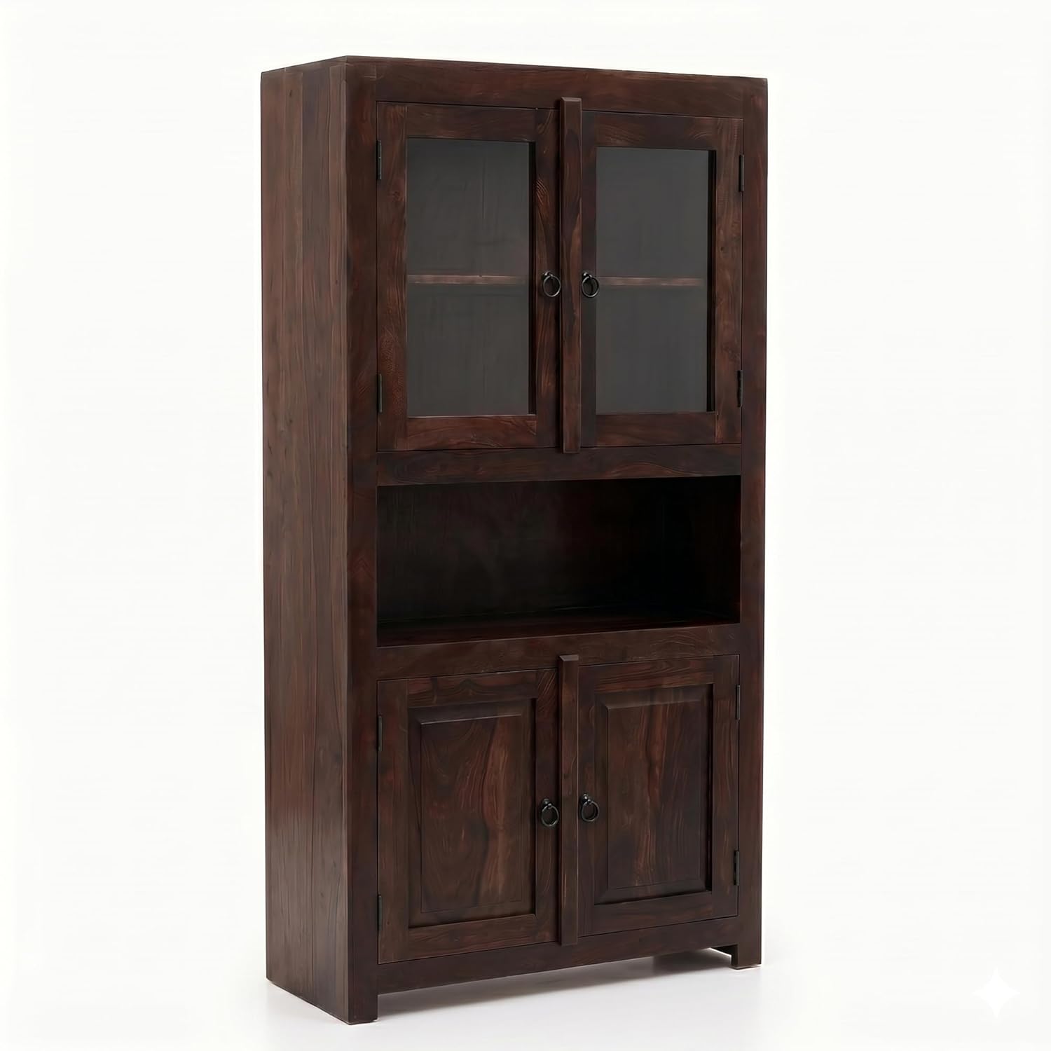 4 Door Sheesham Wood Bookshelf & Crockery Cabinet - Walnut Finish