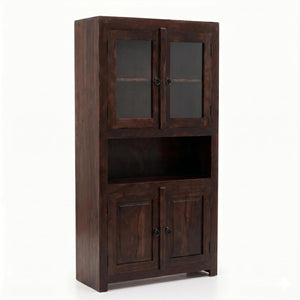 4 Door Sheesham Wood Bookshelf & Crockery Cabinet - Walnut Finish