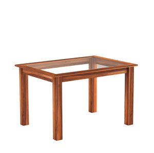 Poster Solid Sheesham Wood Dining Table 4 Seater Dining Table Set with 4 Cushion Chairs & Glass Top - Natural Finish