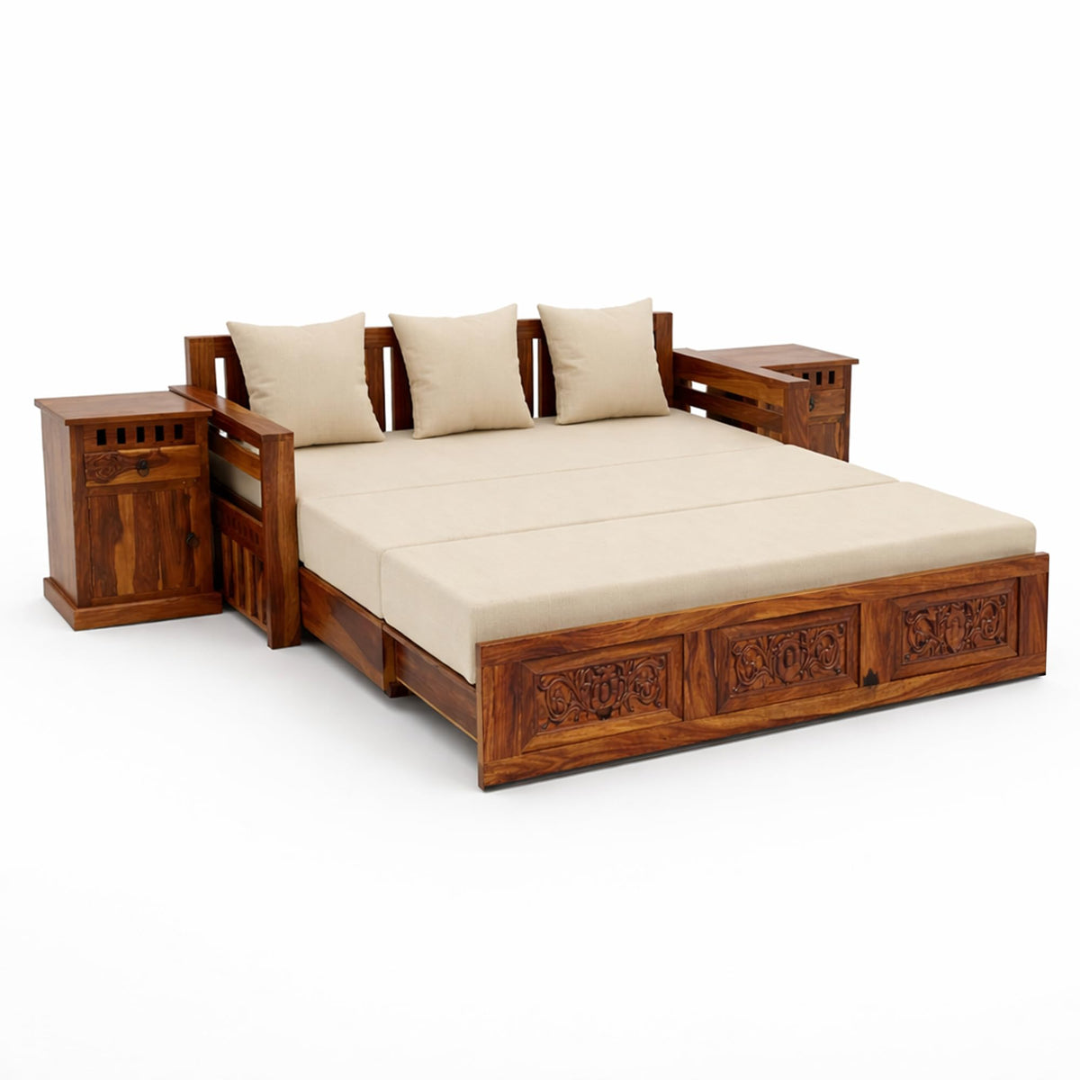 Maharaja With Bedside Solid Sheesham Wood Sofa Cum Bed - Natural Finish