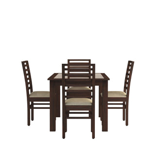 Luxe Solid Sheesham Wood Dining Table 4 Seater Dining Table Set with 4 Cushion Chairs & Glass Top - Walnut Finish
