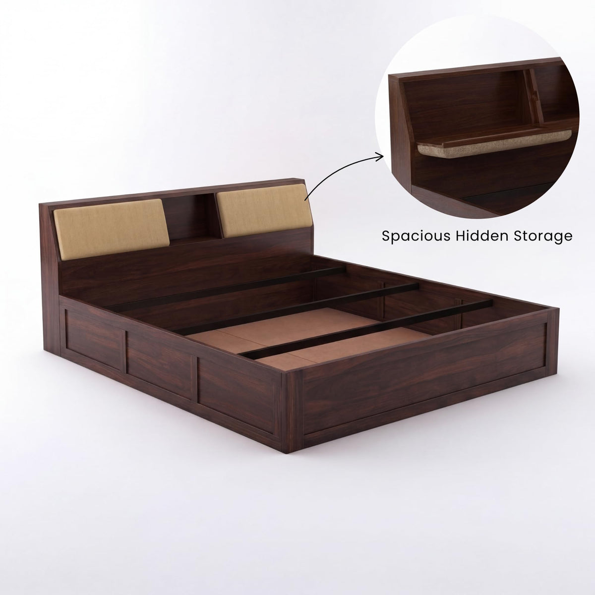Hades Solid Sheesham Wood King Size Bed with Box Storage & 2 Bedside Tables - Walnut Finish