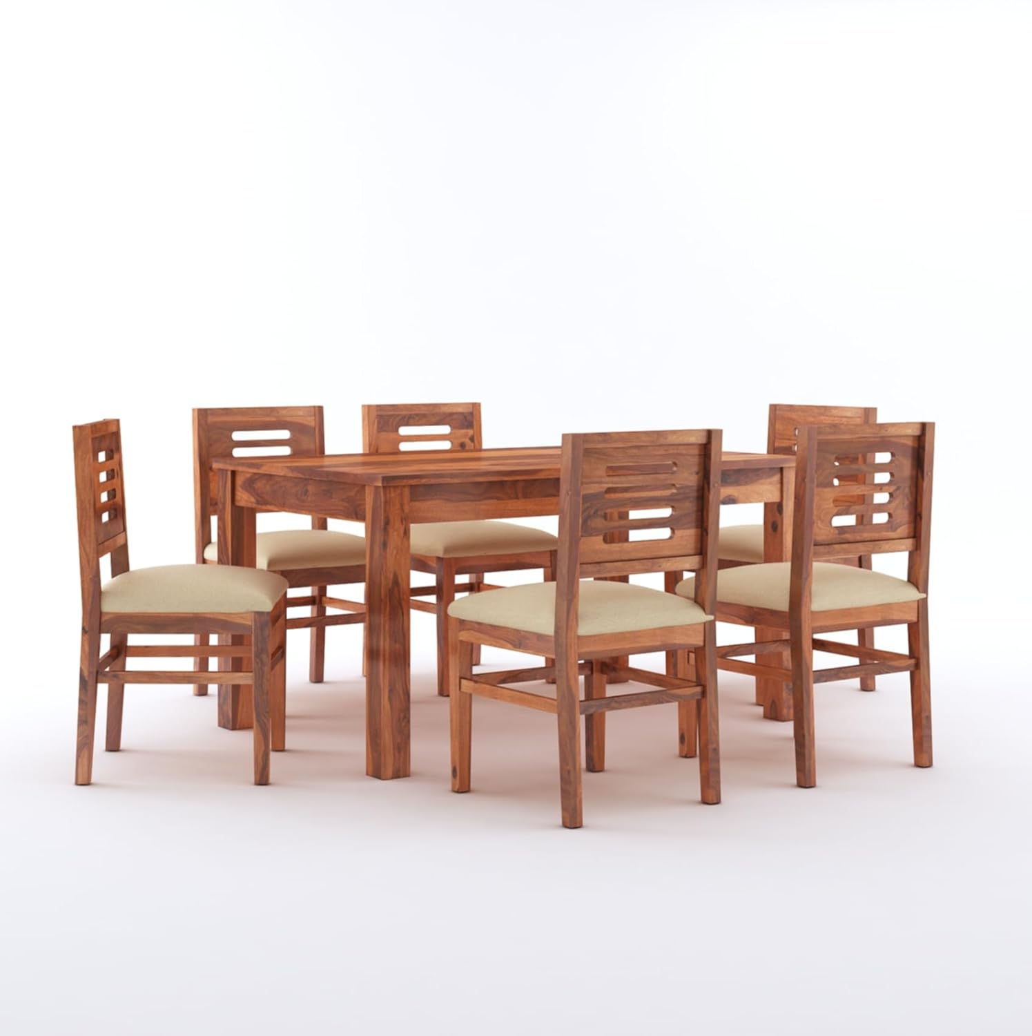 Capsule Solid Wood Dining Table Set 6 Seater With Cushion Chair - Natural Finish