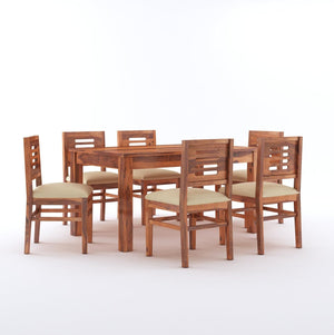 Capsule Solid Wood Dining Table Set 6 Seater With Cushion Chair - Natural Finish