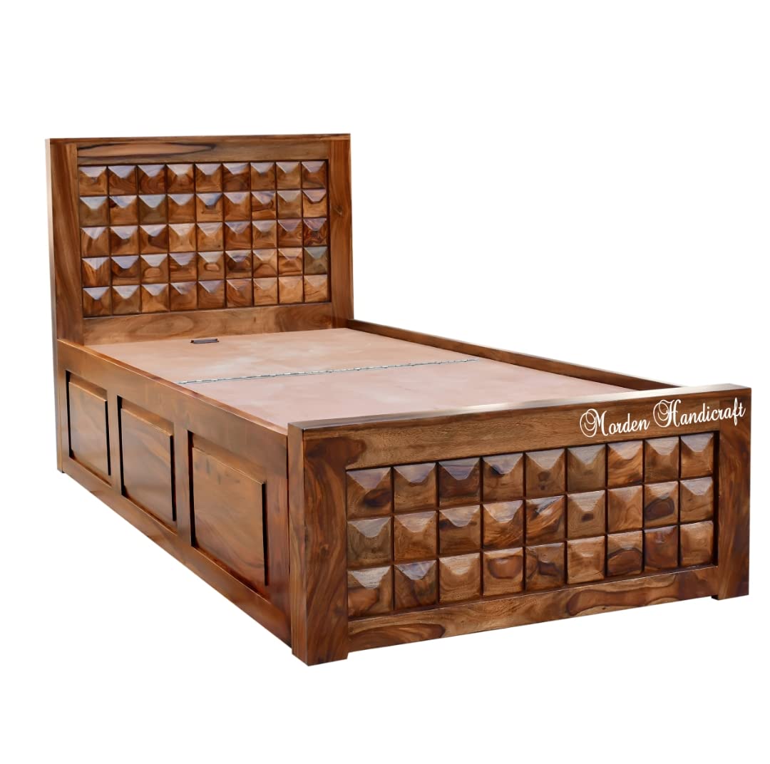 Diamond Solid Sheesham Wood Single Bed with Box Storage Finish - Honey