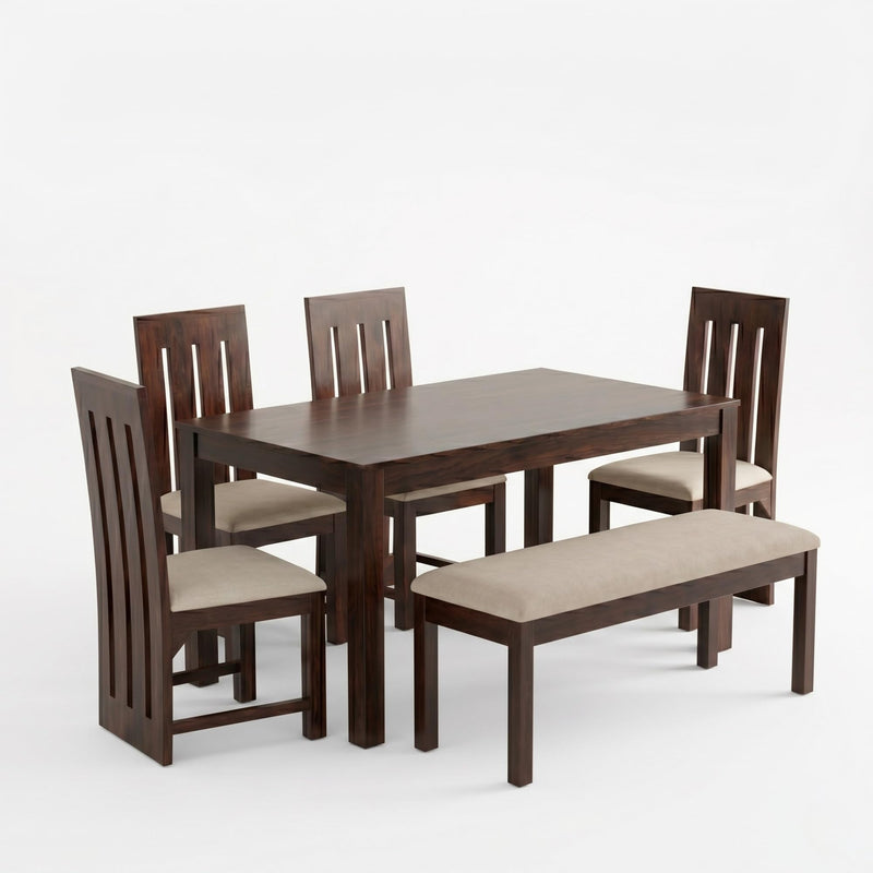Poster Solid Sheesham Wood 4 Seater Dining Table Set with Bench - Walnut Finish | Poster 6 Seater Bench Walnut D2