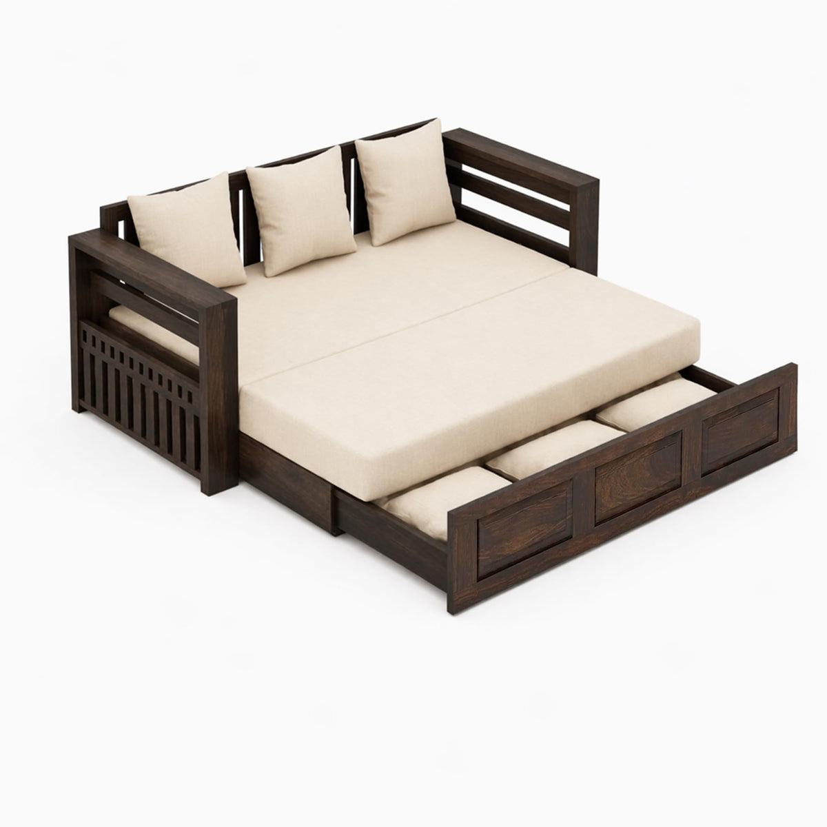 Regal With Bedside Solid Sheesham Wood Sofa Cum Bed in walnut finish - backrest detail
