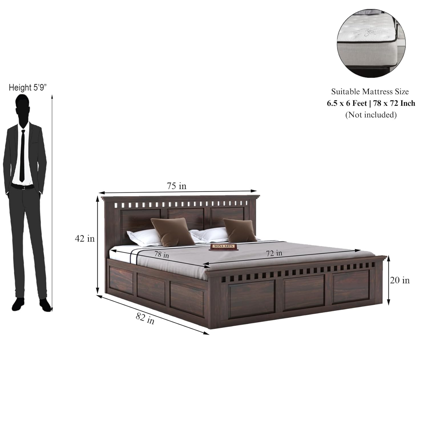 Kuber Solid Sheesham Wood King Size Bed with Box Storage - Walnut Finish