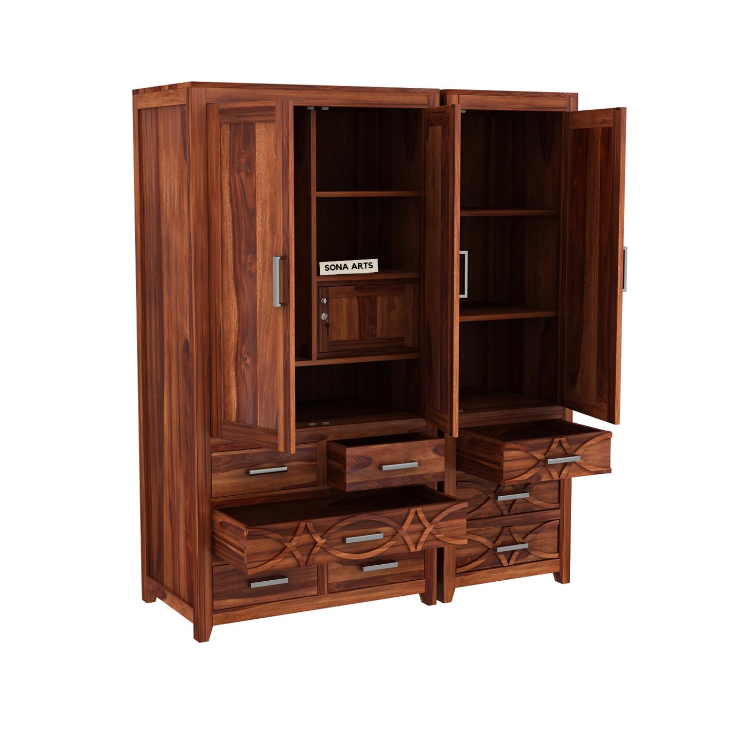 CNC Sheesham Wood 3 Door Wardrobe with 8 Drawers Storage - Natural Finish