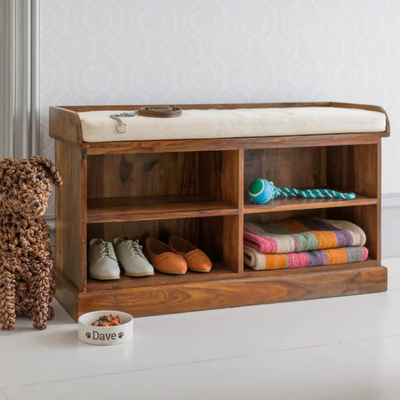 Sheesham Wooden Shoe Rack for Home with Storage and Cushion Seating Drawer | Multipurpose Cabinets for Living Room Home | Natural Wood Finish