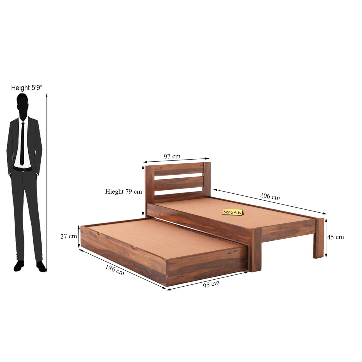 Eros Solid Sheesham Wood Single Size Trundle Bed in natural finish - corner angle view