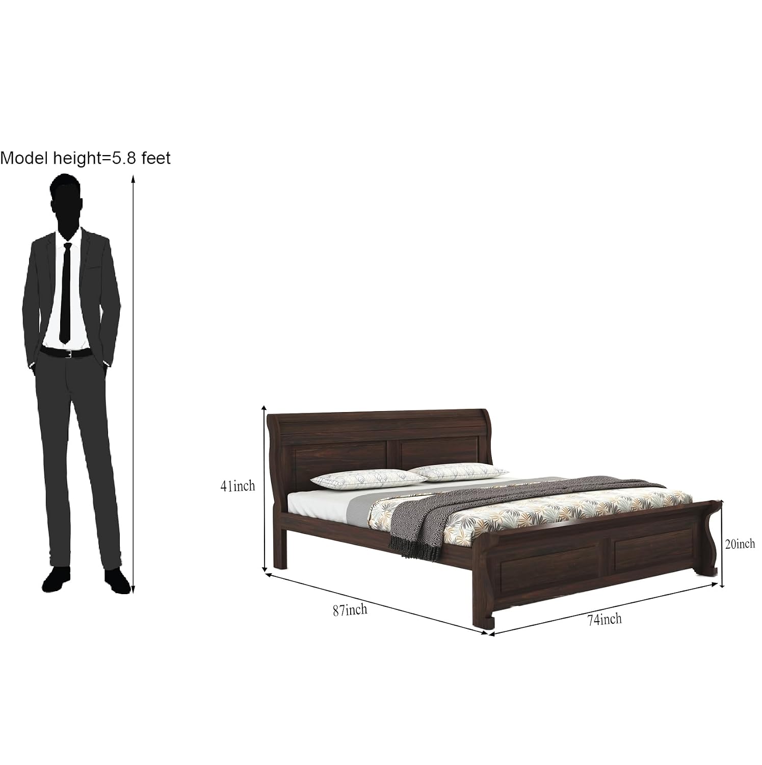 Curve Solid Sheesham Wood King Size Bed without Storage - Walnut Finish