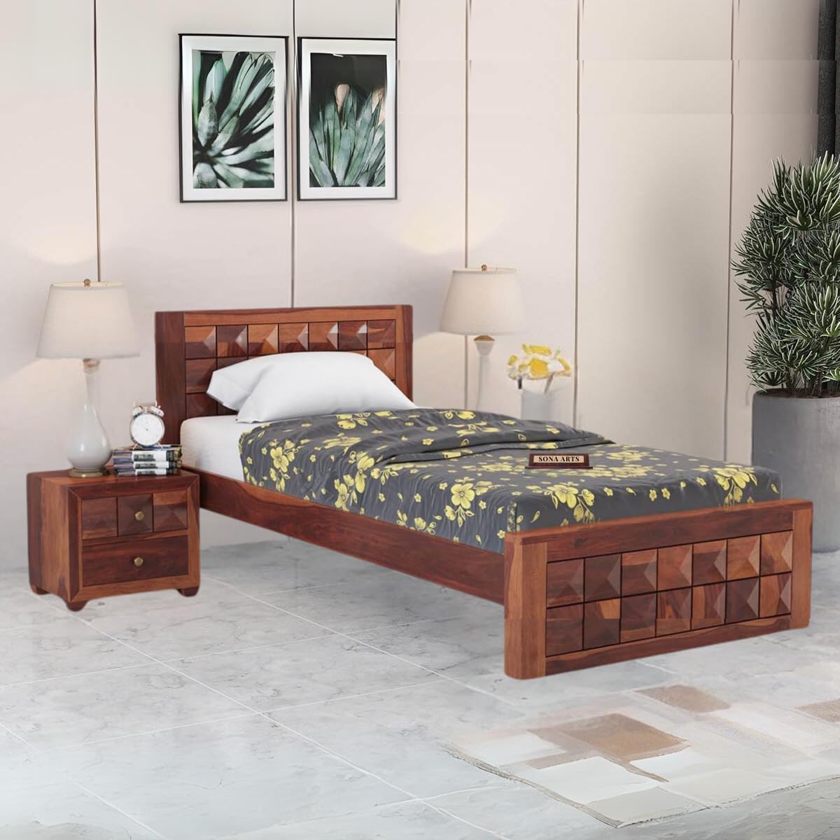Diamond Sheesham Wood Single Bed Furniture for Bedroom Wooden Cot Single Size Palang - Natural Finish