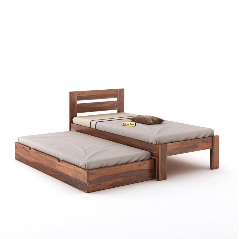 Eros Solid Sheesham Wood Single Size Trundle Bed - Natural Finish