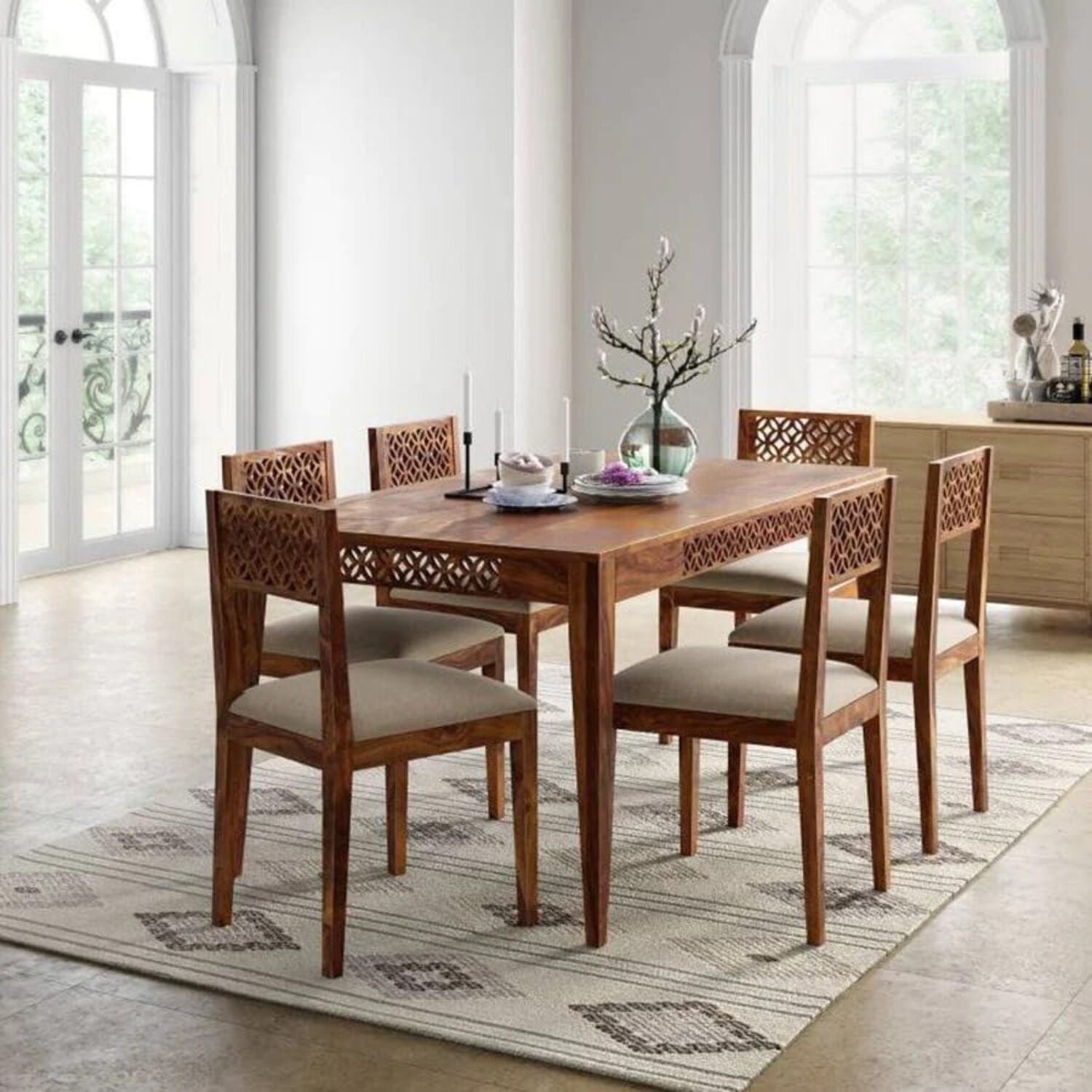 CNC Sheesham Wood 6 Seater Dining Table Set - Natural