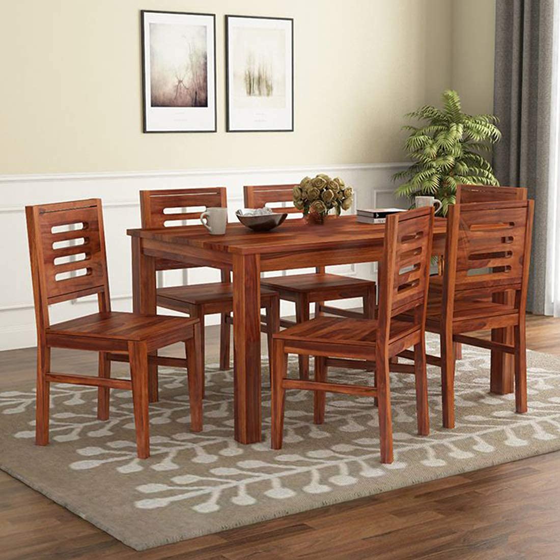 Capsule Wooden Dining Table 6 Seater - Natural Finish, Handcrafted Capsule Design, Solid Wood Chairs