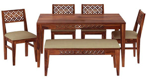 CNC Sheesham Wood 6-Seater Dining Table Set with 4 Chairs & Bench – Natural Finish, Floral Pattern
