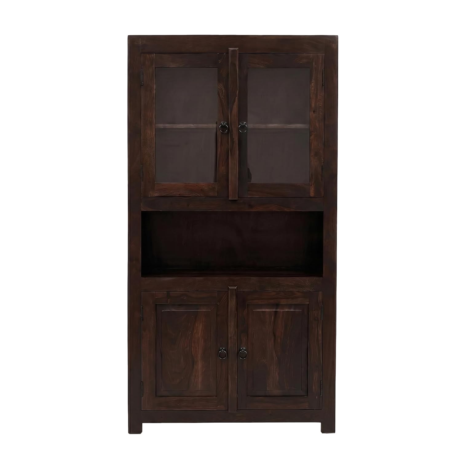 4 Door Sheesham Wood Bookshelf & Crockery Cabinet - Walnut Finish