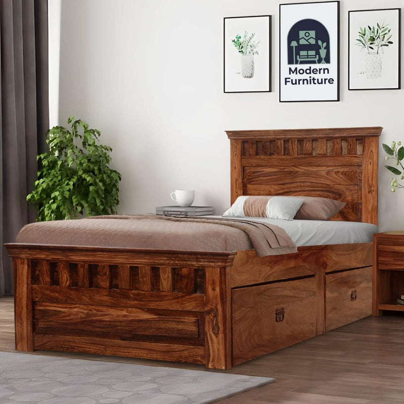 Kuber Sheesham Wood Single Bed Furniture with Two Drawer Storage for Bedroom - Natural Finish