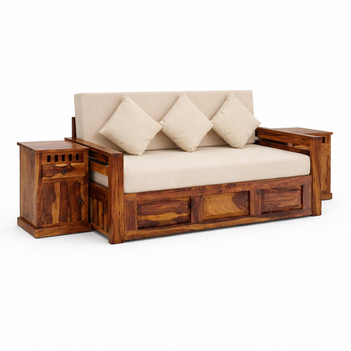 Regal With Bedside Solid Sheesham Wood Sofa Cum Bed in natural finish - close-up of the natural finish and wood grain