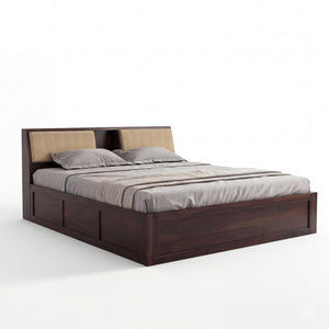 Hades Solid Sheesham Wood King Size Bed with Box Storage & 2 Bedside Tables - Walnut Finish