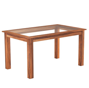 Poster Sheesham Wood Dining Table 6 Seater Dining Table Set with 6 Cushion Chairs & Glass Top - Natural Finish
