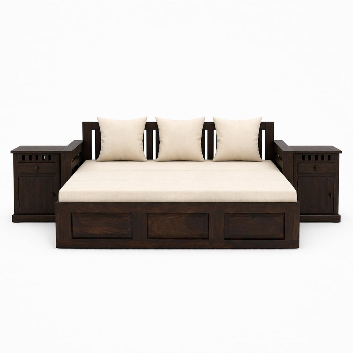 Regal With Bedside Solid Sheesham Wood Sofa Cum Bed in walnut finish - corner angle view