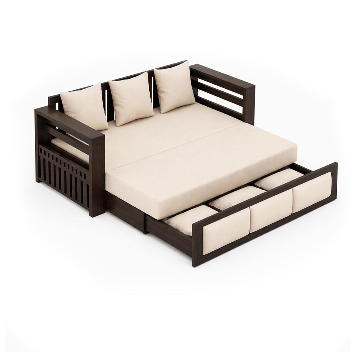 Zeus With Bedside Solid Sheesham Wood Sofa Cum Bed in walnut finish - backrest detail