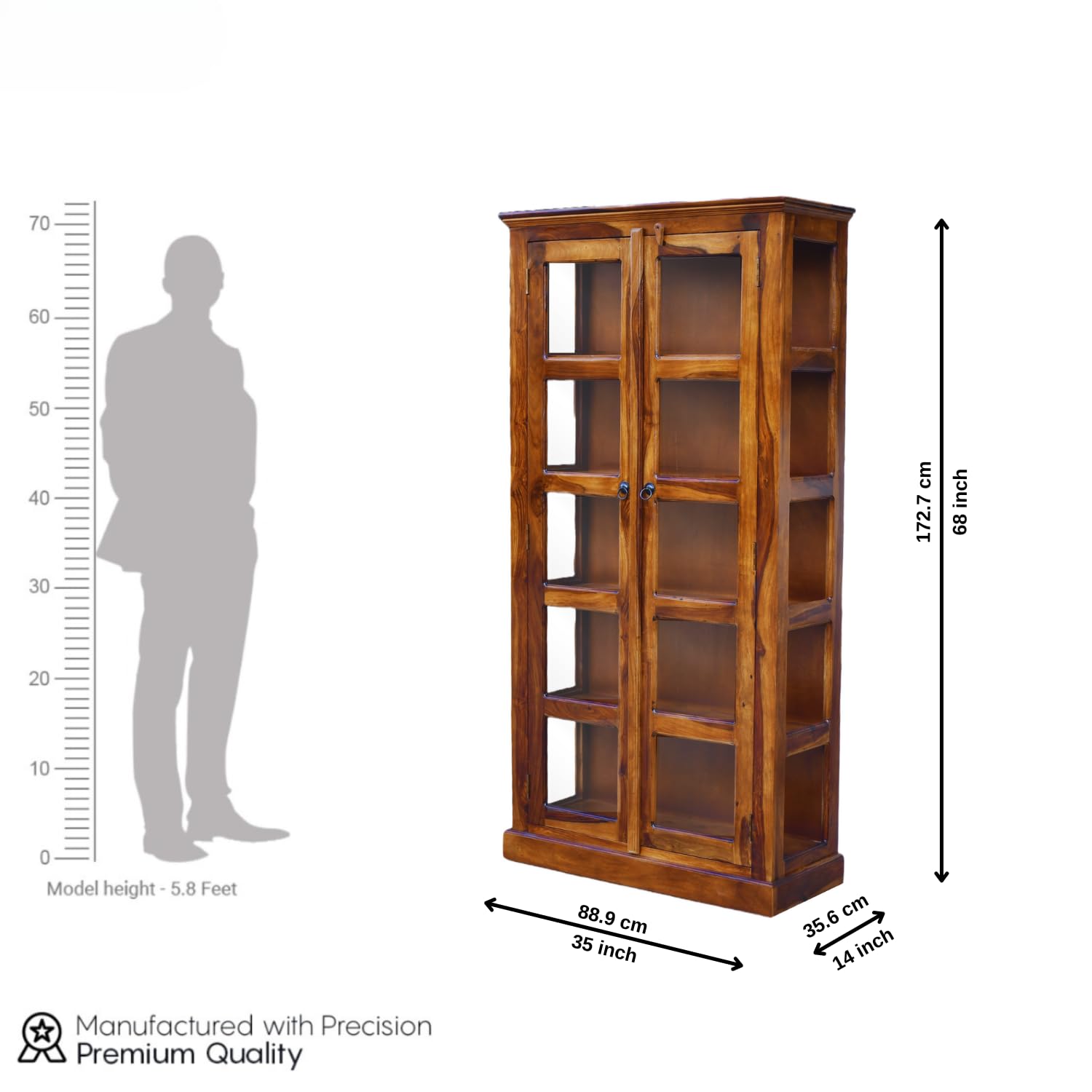 Vista Solid Wood Bookshelf With Glass Door Office & Living Room - Natural Finish