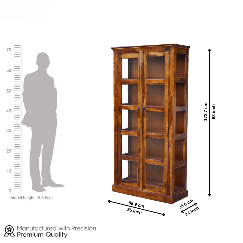 Vista Solid Wood Bookshelf With Glass Door Office & Living Room - Natural Finish