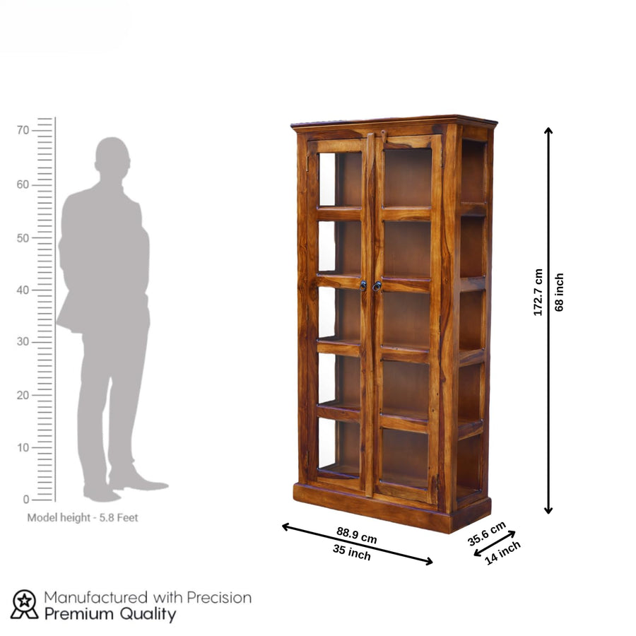 Vista Solid Wood Bookshelf With Glass Door Office & Living Room - Natural Finish