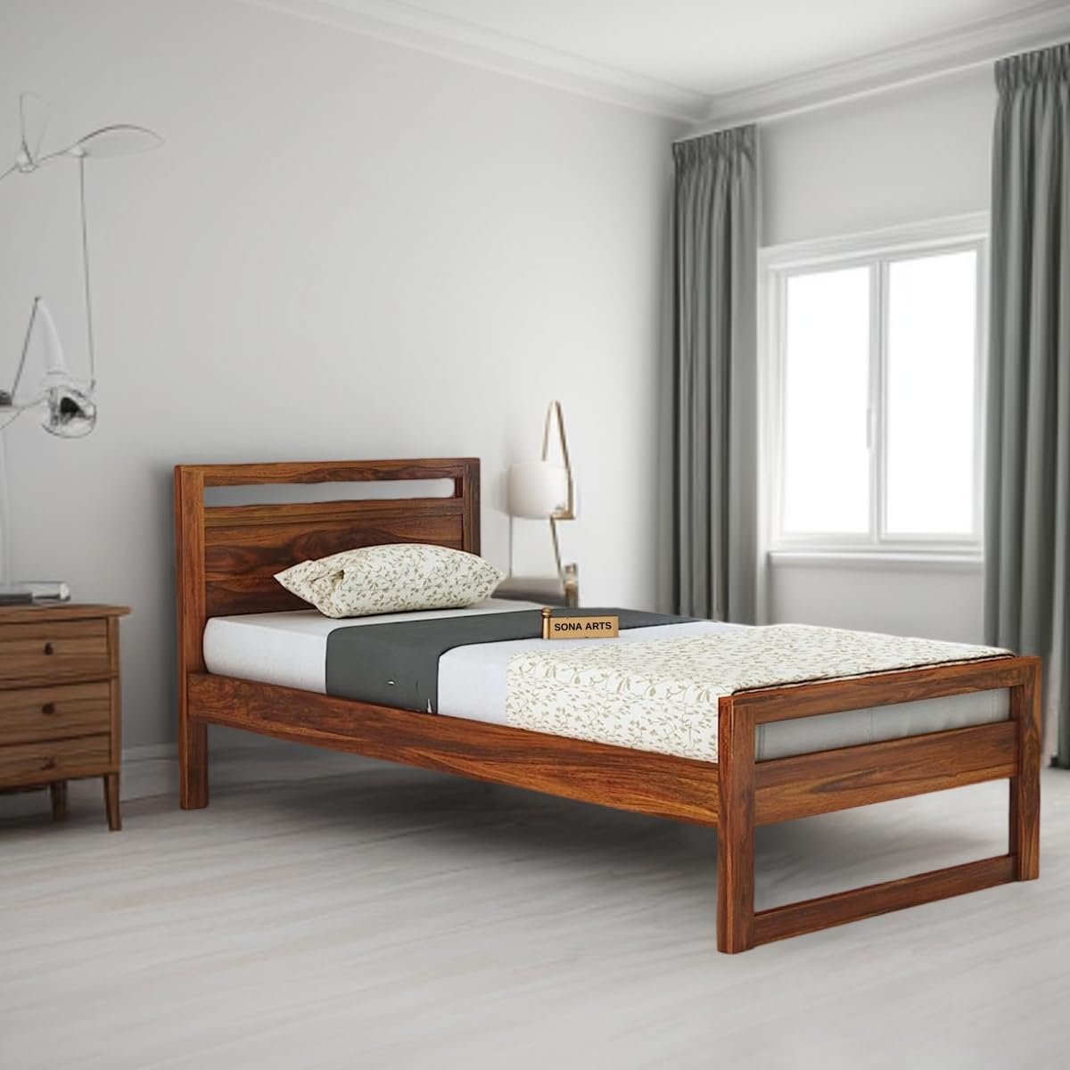 Duke Sheesham Wood Single Bed Furniture Wooden Single Size Cot Bed for Bedroom - Natural Finish